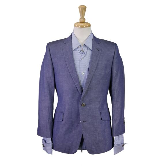 Custom Mens Blue Herringbone Linen Cotton Blazer Jacket Recent Slim Fit 36S - Picture 1 of 9